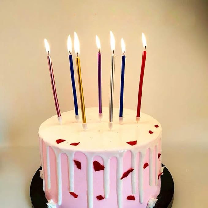 12 Count Long Thin Champagne Gold Birthday Cake Candles in Holders for Birthday Wedding Party Cupcake Decorations Tall Candle Pieces