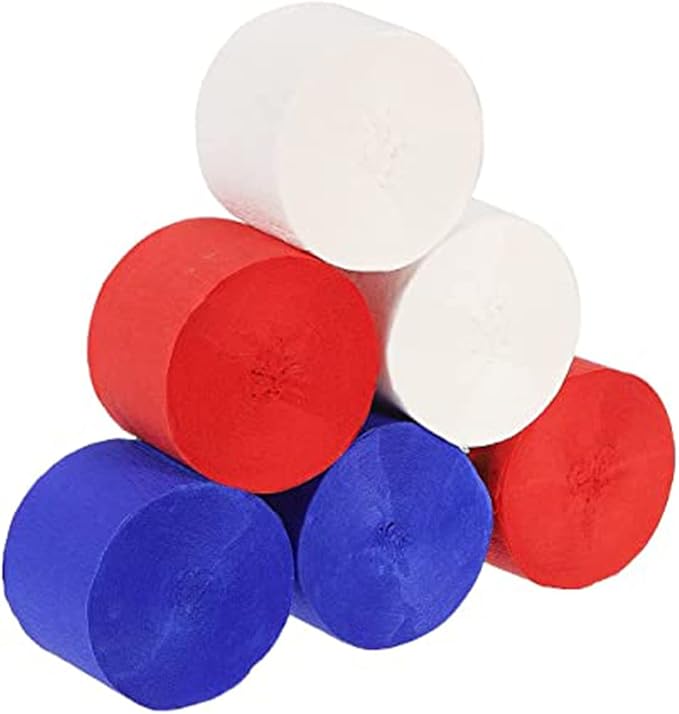 3 Color red Blue and White Crepe Paper Streamers 6 Rolls Party Paper Streamers for Party Decoration(1.8 Inch x 82 Ft/Roll)