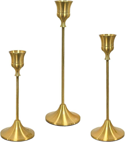 Qeiunuke Gold Vintage Taper Candle Holders, Set of 3, Suitable for Fireplace, Tabletop Decoration, Housewarming and Wedding Gifts