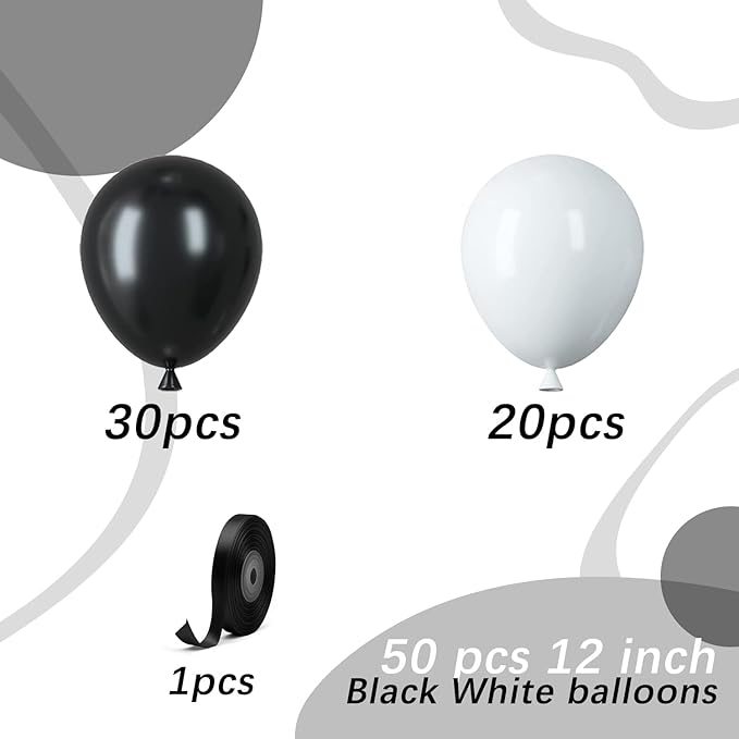Black and White Latex Balloons, 50pcs 12 Inches White and Black Thickened Balloons with 1 Ribbon for Graduation, Wedding, Birthday Party Decorations