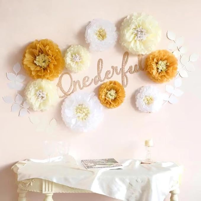 Fonder Mols Tissue Paper Chrysanth Flowers with Butterfly and Olive Leaves for Wedding Baby Shower Nursery Room Parties & Events Decorations Pom Poms (White Ivory Khaki)