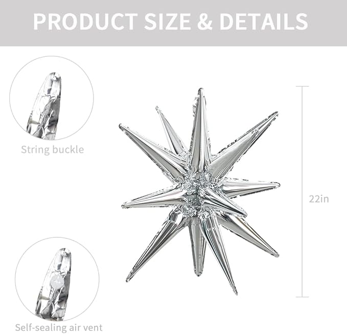 TONIFUL 4 Pcs 22inch 4D Huge Silver Star Balloons Explosion Star Mylar Foil Balloons for Party Supplies Backdrop Christmas,New Year,Birthday, Wedding,Photo Booth Ornament