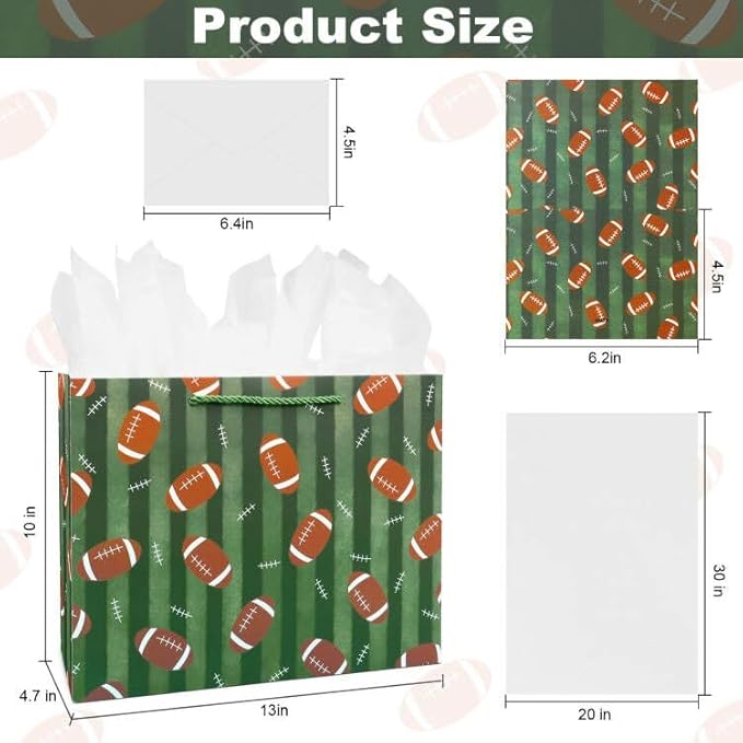 Oletx 13“ Football Party Favor Gift Bags,Football Gift Wrapping Bags with Tissue Paper, Sports Party Birthday Goodie Gifts Treat Bags