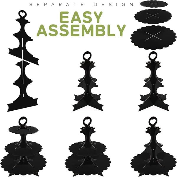 Black Cupcake Stand, 3-Tier Cardboard Dessert Display Tower, Perfect Size for Small Parties Birthday Wedding Baby Shower, Easy Assembly (1-Pack) ﻿