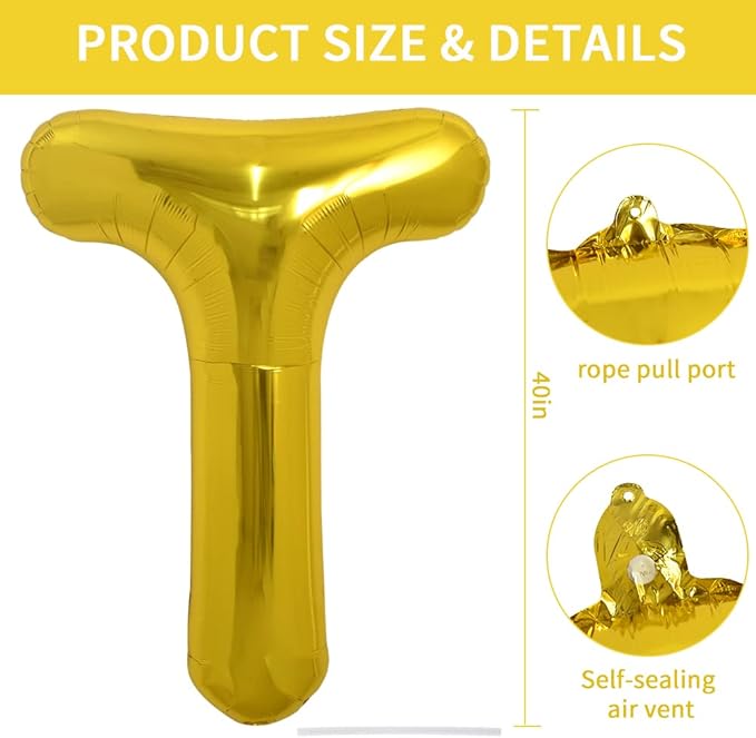 TONIFUL 40 Inch Large Gold Letter T Balloons, Foil Mylar Big Balloons for 2026 New Year Eve Graduation Wedding Baby Shower Birthday Party Anniversary Supplies Decorations