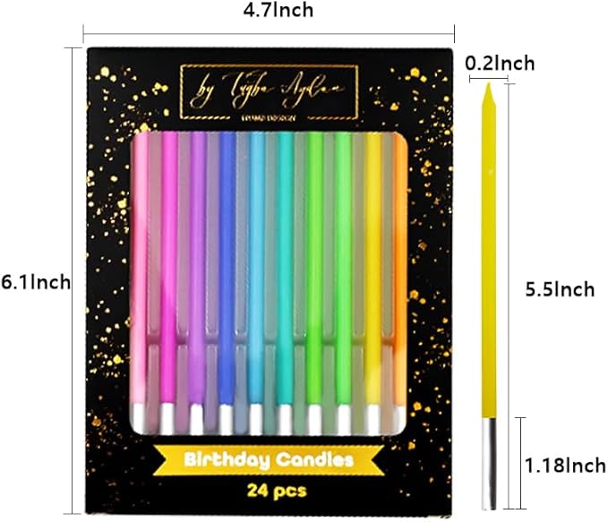 by Tugba Aydan - Rainbow Birthday Candles - 24 Count Long Thin Rainbow Birthday Candles for Cake, Metallic Cake Candle for Birthday, Party Candles