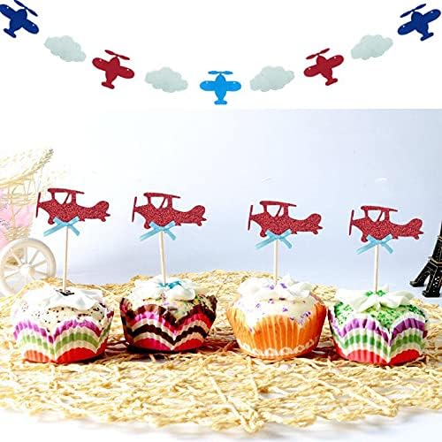 24 PCS Airplane Cupcake Toppers and 1 PCS Airplane Clouds Garland for Toppers Cake Food Dessert Picks Baby Shower Kids' Boys Birthday Party Decor