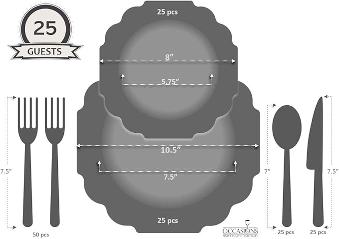 " OCCASIONS " 150 Piece set (25 Guests)-Wedding Plastic Plates & cutlery -Disposable heavyweight Dinnerware 10.5'',8''+Silverware w/double fork (Imperial in White/Baby Blue & Silver)