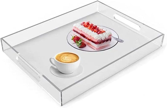 Sturdy 16" Acrylic Serving Tray with Handles - Ottoman Coffee Table Organizer for Food, Tea, Snacks, Vanity & Kitchen Countertop - Multi-Use for Bathroom, Living Room, Bar Parties (Transparent)