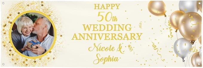 Happy Anniversary Banner Personalized Name Photo Custom Wedding Celebration Banners and Signs Customize Decoration for Couple 4'x2'