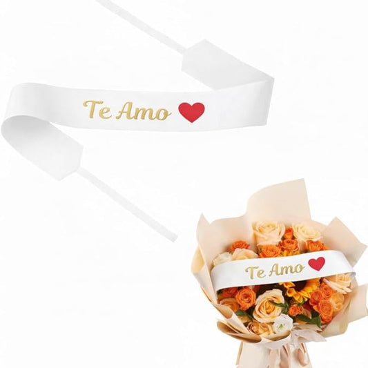 Set of 12 Bouquet Banner Grosgrain Ribbon Tie Wrap Printed Sash Florist Bulk Supply for Floral Arrangements (White/RED Heart - TE AMO)