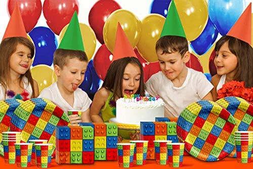 Building Blocks Birthday Party Supplies Set Plates Napkins Cups Tableware Kit for 16
