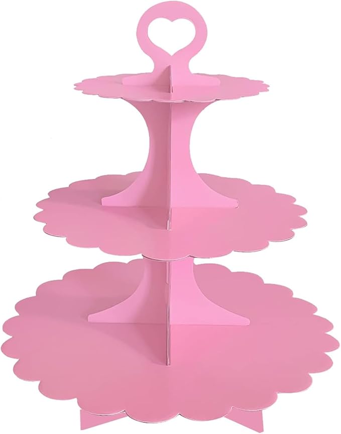 3-Tier Pink Cupcake Stand, Heart Handle Dessert Display Tower, Perfect for Girl Birthday Baby Shower Small Parties, Easy Assembly (1-Pack) ﻿