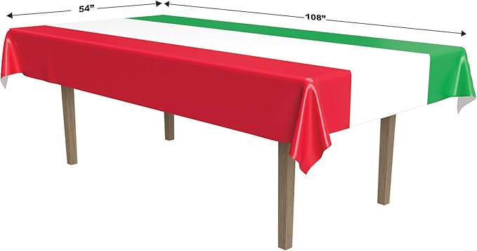 Beistle International Tablecover, 54” x 108” – Plastic Table Cloth, Rectangular Tablecloth, Italian Decorations, Mexican Tablecloth, Cinco De Mayo Decorations, Red/White/Green