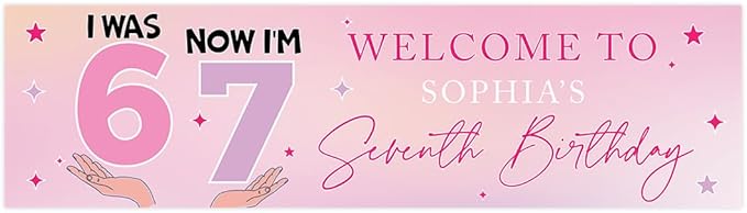 Andaz Press 13x48 Inch Custom 6 7 Birthday Banner Decorations, Personalized Birthday Banner with Custom Name, Pink 67 Happy Birthday Party Banner for Girls, Cute Backdrop for Home or Party Décor