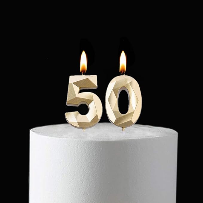 2 inch Gold 50 Birthday Candles, 3D Diamond Number 50 Cake Topper for Men Women Birthday Party Decorations Theme Party