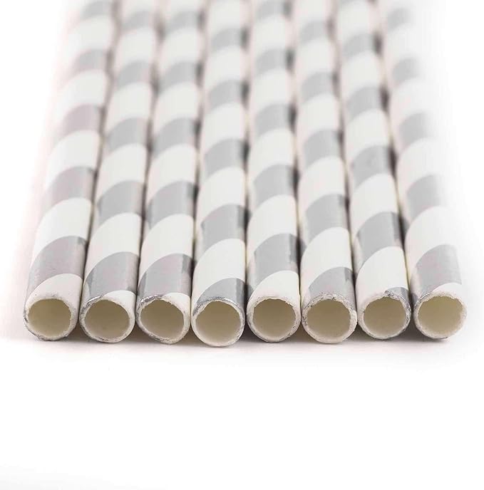 Efavormart 125 Pcs Candy Striped Paper Straws Silver Foil Swirl Straws For Wedding Birthday Party Dance Banquet - White/Silver