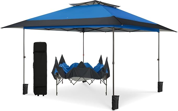 PHI VILLA 13x13 Pop Up Canopy Tent Instant Outdoor Party Canopy Easy One Person Set-up Folding Shelter with Auto Extending Eaves 169 Square Feet of Shade, Blue, Oxford Cloth with Stainless Steel Frame