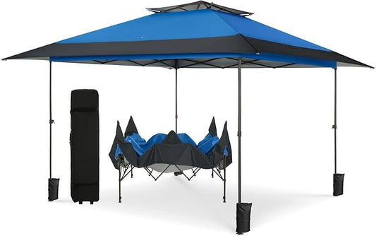 PHI VILLA 13x13 Pop Up Canopy Tent Instant Outdoor Party Canopy Easy One Person Set-up Folding Shelter with Auto Extending Eaves 169 Square Feet of Shade, Blue, Oxford Cloth with Stainless Steel Frame