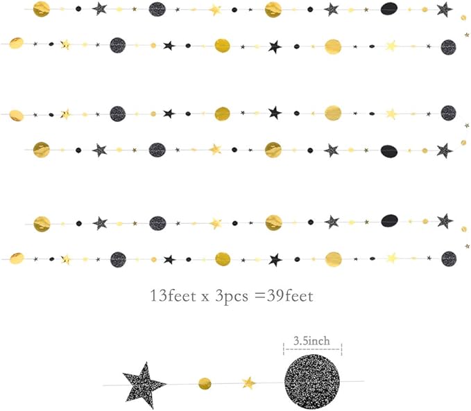 Cheerland Black and Gold Party Decorations Star Garlands Gold Black Birthday Decorations Hanging Star Streamers Graduation Decor NYE New Year Eid Ramadan Galaxy Starry Night Party Supplies