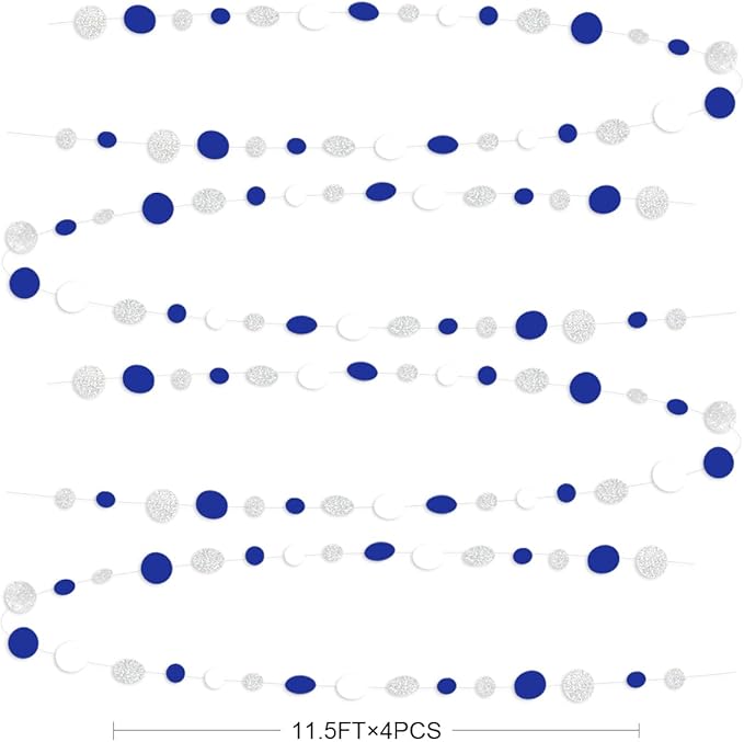 46 Feet Navy Blue White and Silver Circle Dots Garland Royal Blue Hanging Paper Polka Dots Streamer for Birthday Wedding Bridal Baby Shower Nautical Ahoy Achor Pirate Theme Party Decorations Supplies