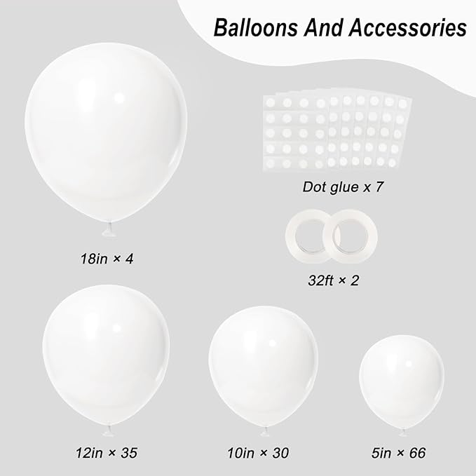 RUBFAC 135pcs White Balloons Different Sizes 18 12 10 5 Inch for Garland Arch, Latex Balloon for Wedding Birthday Party Baby Shower Anniversary Baptism Decorations