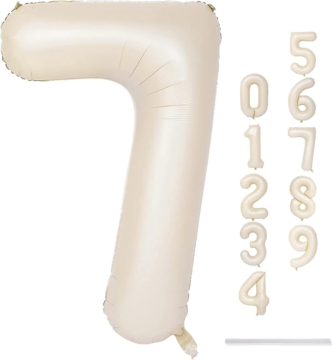 40'' Beige Number 7 Balloons, Giant Self Inflating Cream Foil Number Balloons Set 0-9, Large White Sand Digital 7 Helium Balloon for Girls Boys 7th Birthday Party Decorations Anniversary Supplies
