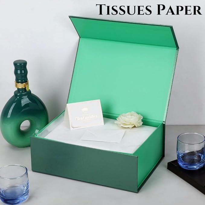 UoeRing 1 Pcs Green Gift Box 9.5x6x3 inch Small Luxury Gift Box for Presents with Magnetic Lid Collapsible,Birthday,Christmas,Contains Card, Ribbon, Tissue Paper,Shredded Paper Fille