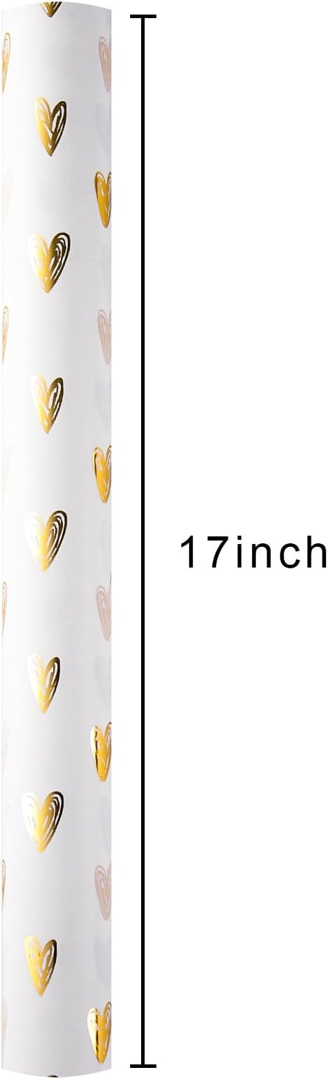 MAYPLUSS Foil Hearts Wrapping Paper Roll - 17 Inch X 33 Feet - Luxury Metallic Golden Heart Design Holiday Gift Wrap Present Paper for Valentine’s Day, Birthdays, Wedding, Anniversaries