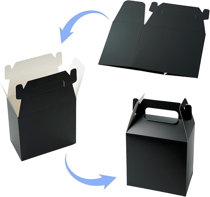 XAGLVV 12-Pack Black Party Favor Treat Boxes (7 x 3.5 x 6.6 Inch) Gable Paper Snack Boxes with Handles& Goodie Gift Bags for Kids Birthday, Wedding, Baby Shower.