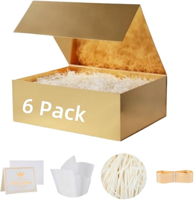 UoeRing 6 Pack Gold Gift Box 9.5x6x3 inch Small Luxury Gift Box for Presents with Magnetic Lid Collapsible,Bridesmaid Proposal,Contains Card, Ribbon, Tissue Paper,Shredded Paper Fille