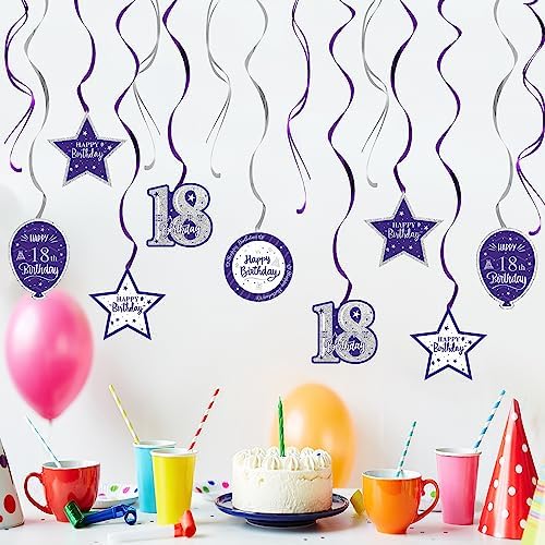 Happy 18th Birthday Purple & Silver Glitter Swirls Streamers Party Decorations - 15 Pcs 18th Birthday Hanging Swirls Streamers Kit,Cheers to Eighteen Years Old Bday Party Sign.