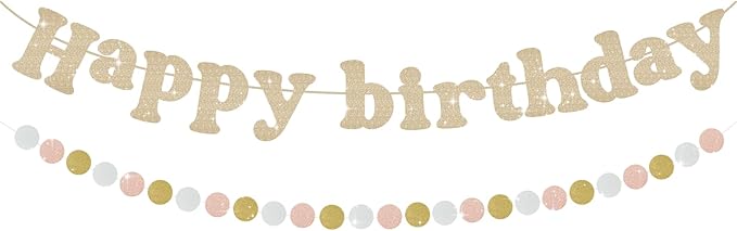 Champagne Gold Happy Birthday Banner, Pre-Strung Happy Birthday Sign, Glitter Birthday Party Supplies with Circle for Party Door Wall Mantle Hanging Sign Backdrop Decorations