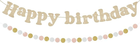 Champagne Gold Happy Birthday Banner, Pre-Strung Happy Birthday Sign, Glitter Birthday Party Supplies with Circle for Party Door Wall Mantle Hanging Sign Backdrop Decorations