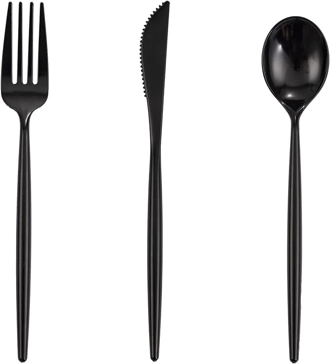 Supernal 180pcs Black Plastic Silverware Set - Heavy Duty Disposable Utensils (60 Forks, 60 Knives, 60 Spoons) - Elegant Black Cutlery for Parties, Weddings & BBQ