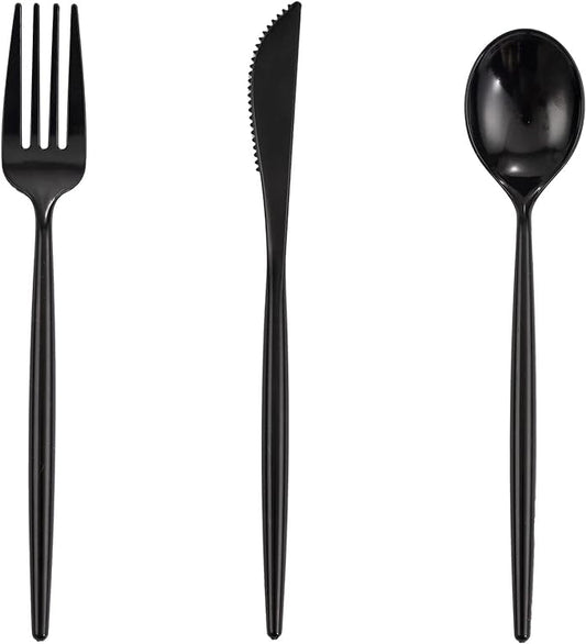 Supernal 180pcs Black Plastic Silverware Set - Heavy Duty Disposable Utensils (60 Forks, 60 Knives, 60 Spoons) - Elegant Black Cutlery for Parties, Weddings & BBQ