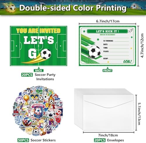 20Pcs Soccer Party Invitations Sets with Envelopes Soccer Favors Birthday Invitation Cards for Boys Kids Fan Sports Event Soccer Party Supplies, 6.7x4.7 Inch