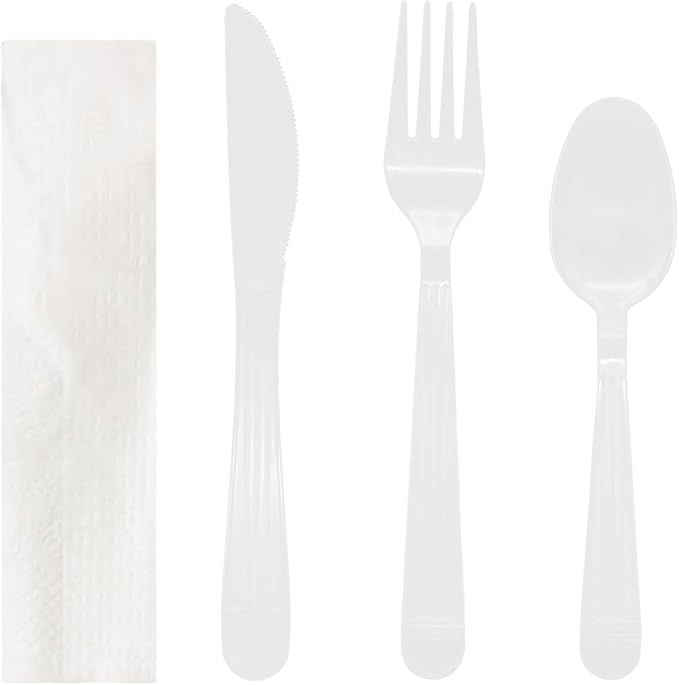 Party Essentials Individually Wrapped Heavy Duty Plastic Utensil Kits, 50 Sets for Party Catering, Fork/Spoon/Knife/Napkin, White