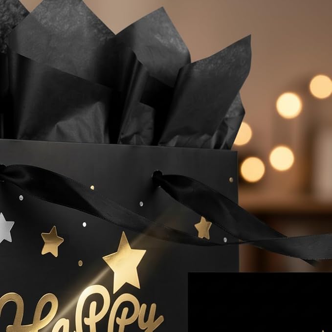 DOUBLESHOOT Black Birthday Gift Bag with Tissue Paper and Greeting Card, Medium Gift Bag 13 x 10.2 x 4.9 inches, Gold Foil Happy Birthday Stars and Dots Design, Gift Wrap Bag for Men, Boys, Dad, Him