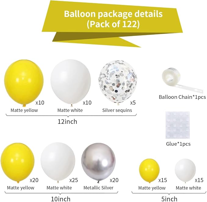 Yellow White Silver Balloon Garland Arch Kit, 122Pcs Yellow White Metallic Silver Latex Balloons for Baby Shower Wedding Birthday Graduation Anniversary Bachelorette Party