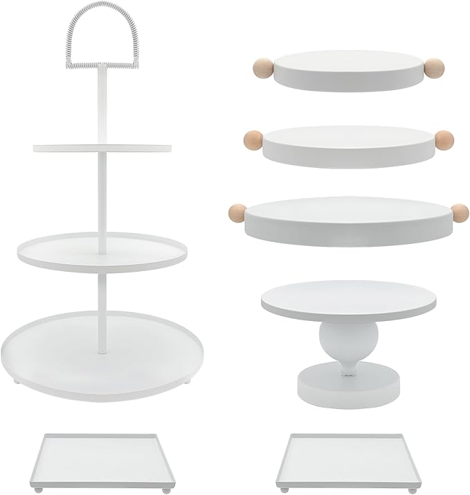 Set of 7 White Cake Stands Metal Dessert Display Holder Round 3 Tier Cupcake Stand Serving Tray Platter Cake Pedestal Stand for Party Weddings Birthday Baby Showers Anniversary