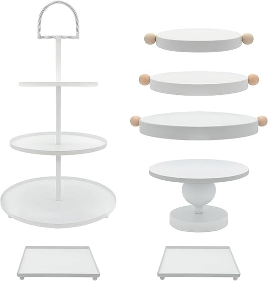 Set of 7 White Cake Stands Metal Dessert Display Holder Round 3 Tier Cupcake Stand Serving Tray Platter Cake Pedestal Stand for Party Weddings Birthday Baby Showers Anniversary