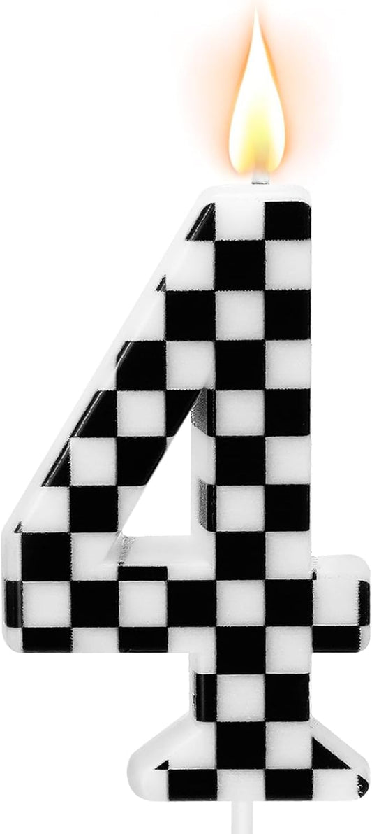 Racing Car Themed Birthday Candles, Number 4 Checkered Candles, Black & White Checkered Cake Decoration, Car Cake Topper for Party Decoration Theme Party Supplies