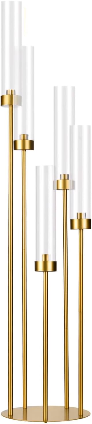 Tall 5 Arm Candle Holder for Wedding Table,39.4'' Tall Candelabra with Acrylic Lampshade for Birthday Party Home Decoration Halloween Christmas Day Fit LED Taper Candles