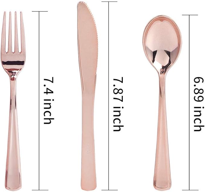 WDF 300 Pieces Rose Gold Plastic Silverware- Disposable Flatware Set - Heavy Duty Plastic Cutlery Includes 100 Forks, 100 Spoons, 100 Knives Perfect for Wedding/Party/Birthday