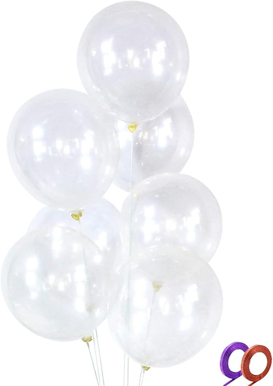 Clear Latex Balloons 100 Pack 12 Inch Transparent Party Balloons with 2 Rolls of Ribbon Clear Round Helium Balloons for Birthday Wedding Baby Shower Party Decorations Supplies (Transparent balloons)