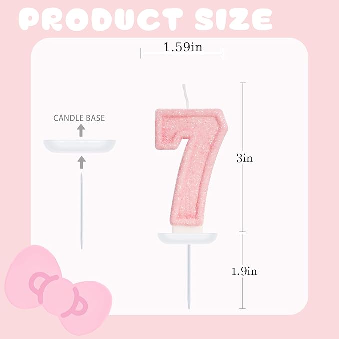 Pink Birthday Candles - Number 7 Candle for 7th Birthday Decorations for Girls, Pink Cake Decorations Sweet Birthday Decorations Girl