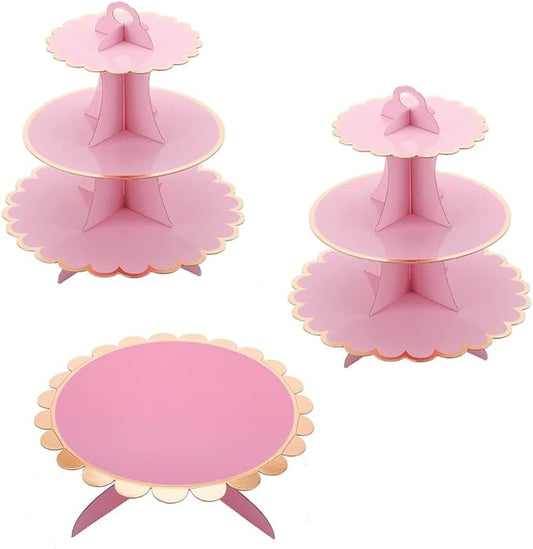 MRPAPA Pink Cupcake & Cake Stand Tray, 3-Tiered Cardboard Cupcake Stand, Easy Assemble Dessert Stand Holder for Party , Girls Baby Shower