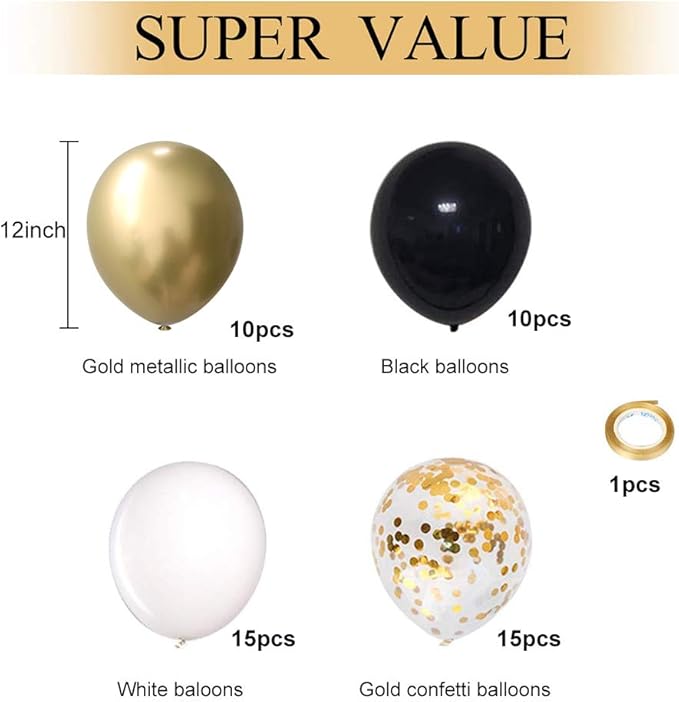 Black and Gold Confetti Balloons, 50 Pack 12inch White Latex Party Balloon Set with Gold Ribbon for New Year Graduation Birthday Baby Shower Decorations
