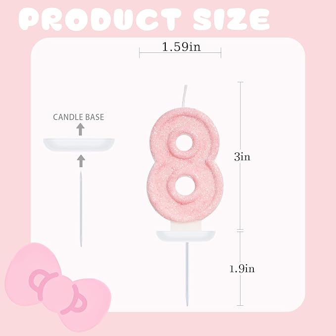 Pink Birthday Candles - Number 8 Candle for 8th Birthday Decorations for Girls, Pink Cake Decorations Sweet Birthday Decorations Girl